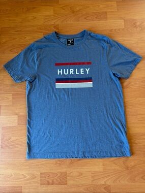 Hurley Blue Graphic Logo Tee with Red & White Stripes Size XL